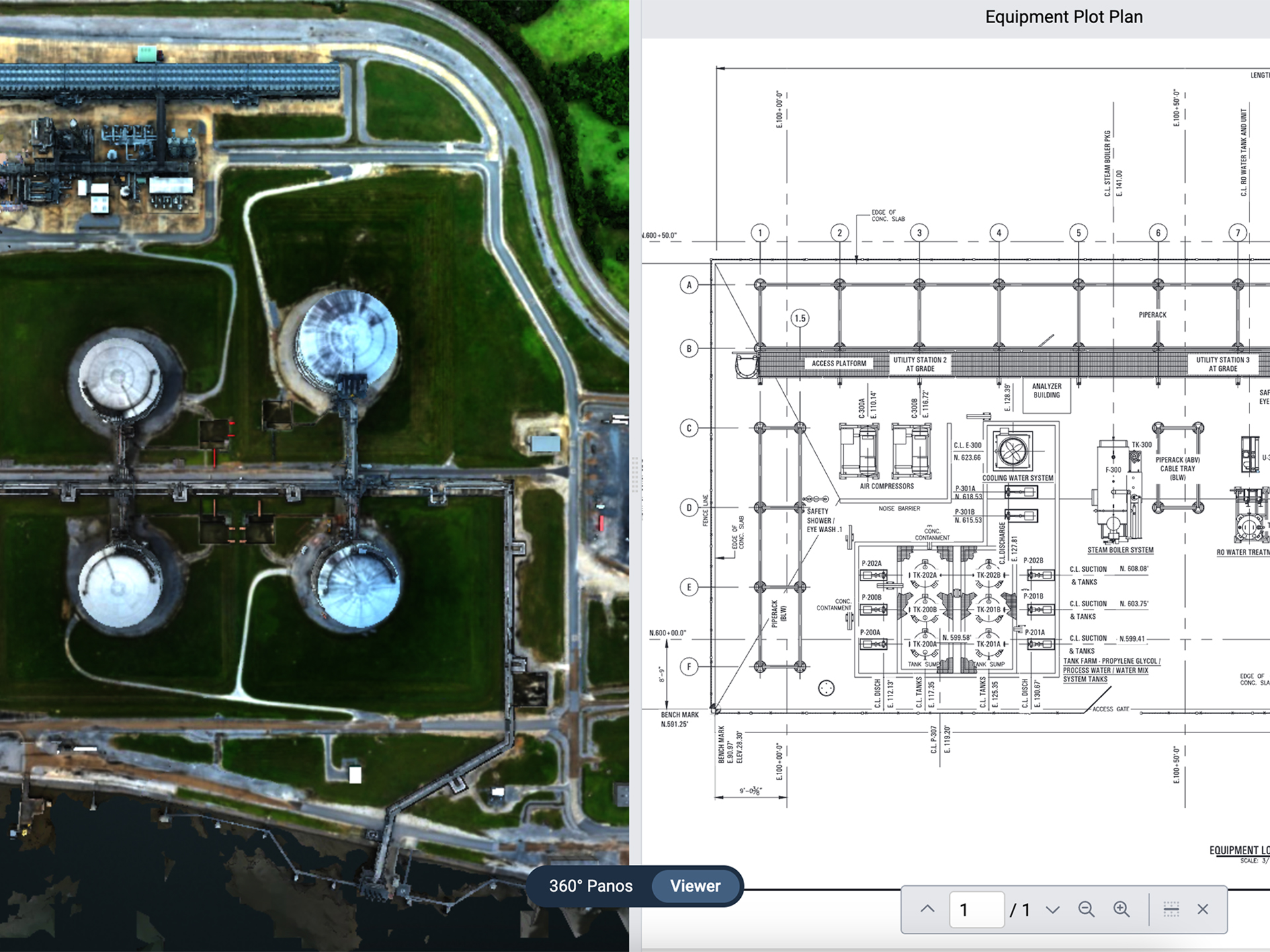 Image showing split-view of design PDF and reality scan of a site in a digital twin.
