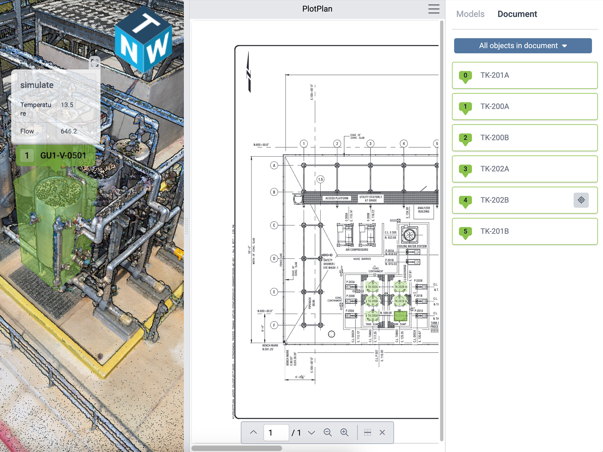 Image of VEERUM Split View showing how to unify and view industrial engineering, business, and 3D data in a single interface.