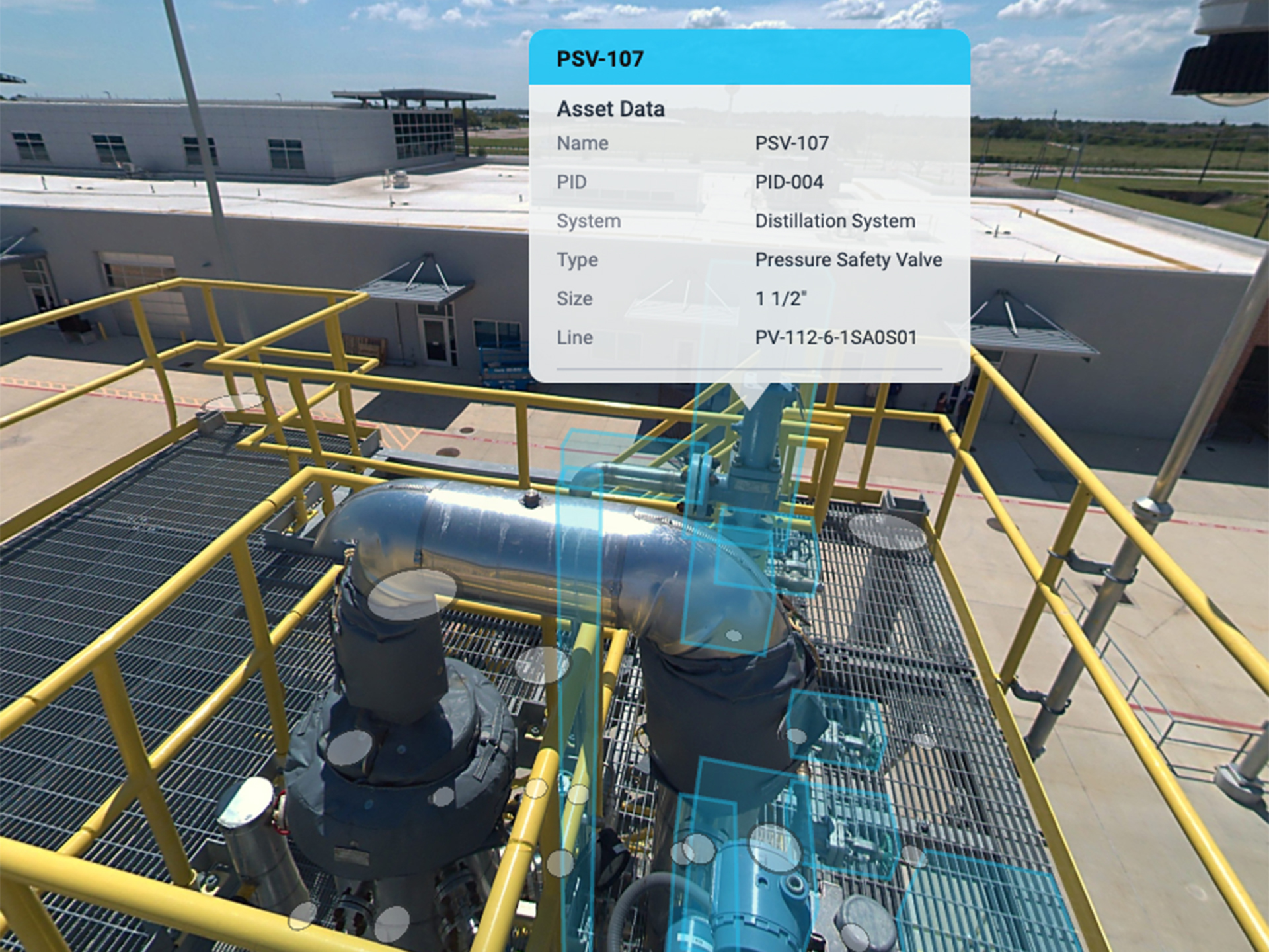 360° panoramic view of site in a digital twin with tagged detailed data.