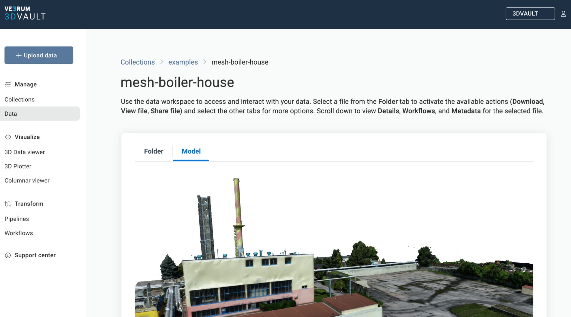 Screenshot of geospatial data management application with a 3d model.